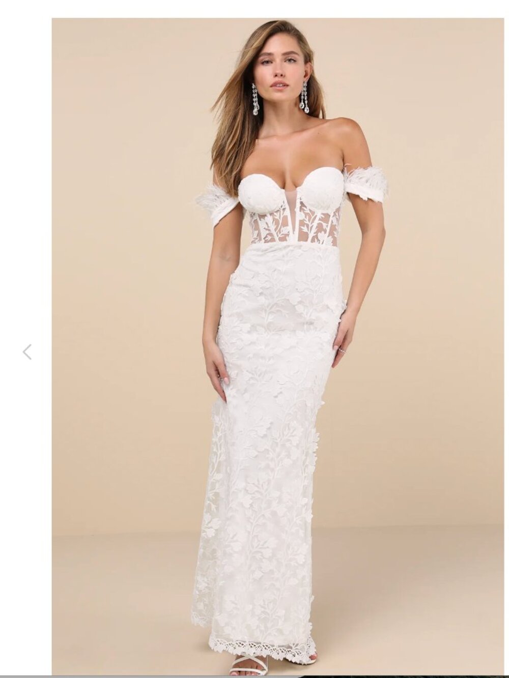 Lulus Sparkle White Embroidered Feather Bustier Maxi Dress